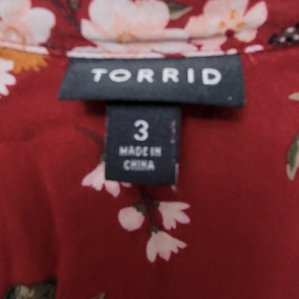 Torrid Womens 3 Floral Button Front Blouse Burgundy Red Rayon Babydoll Top - Picture 4 of 9